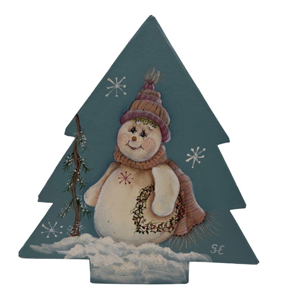 Vintage Hand Painted 10 Inch Christmas Tree Hat Box Folk Tole Art Monogram SH